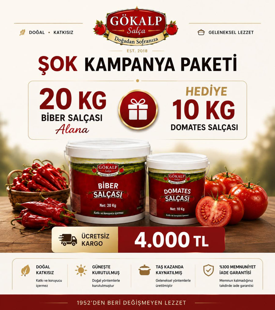 Şok Kampanya Paketi | 20 KG Biber Salçası + 10 KG Domates Salçası Hediye